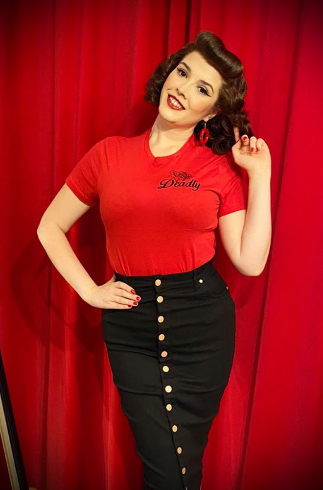 This sassy Red Rose T-shirt features our Deadly Rose logo. Designed for an effortless pinup look, this sweet tee will elevate your casual style!