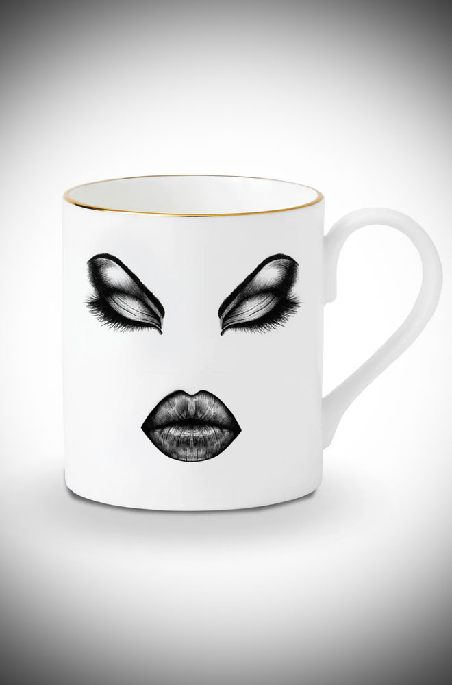 The Prima Donna Coffee Cup is a Fine Bone China cup, featuring an exquisite gold rim and striking gift box alongside the captivating muse design.