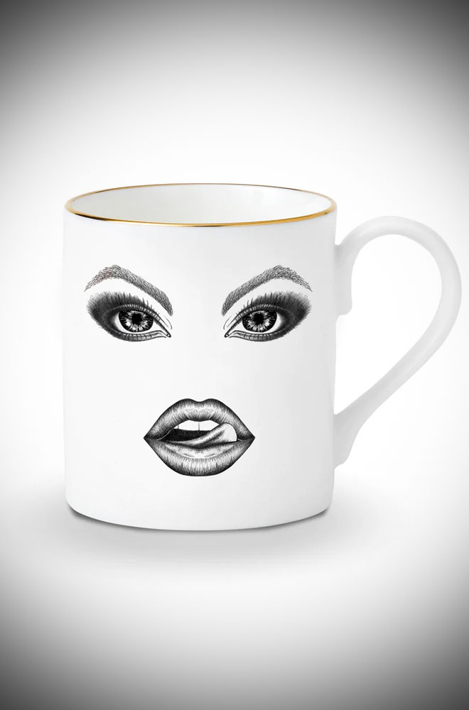 The Provocateur Coffee Cup is a Fine Bone China cup, featuring an exquisite gold rim and striking gift box alongside the captivating muse design.