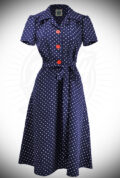 Polka Dot Shirt Dress - a timeless 1940s-inspired dress in beautiful navy polka dots with red buttons at DeadlyistheFemale.com