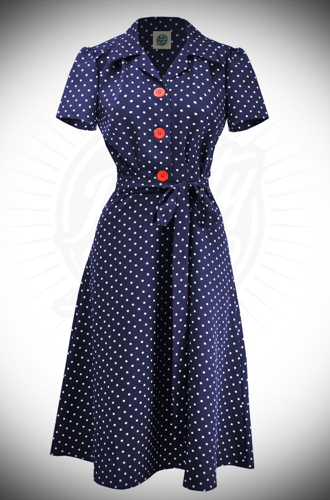 Polka Dot Shirt Dress - a timeless 1940s-inspired dress in beautiful navy polka dots with red buttons at DeadlyistheFemale.com