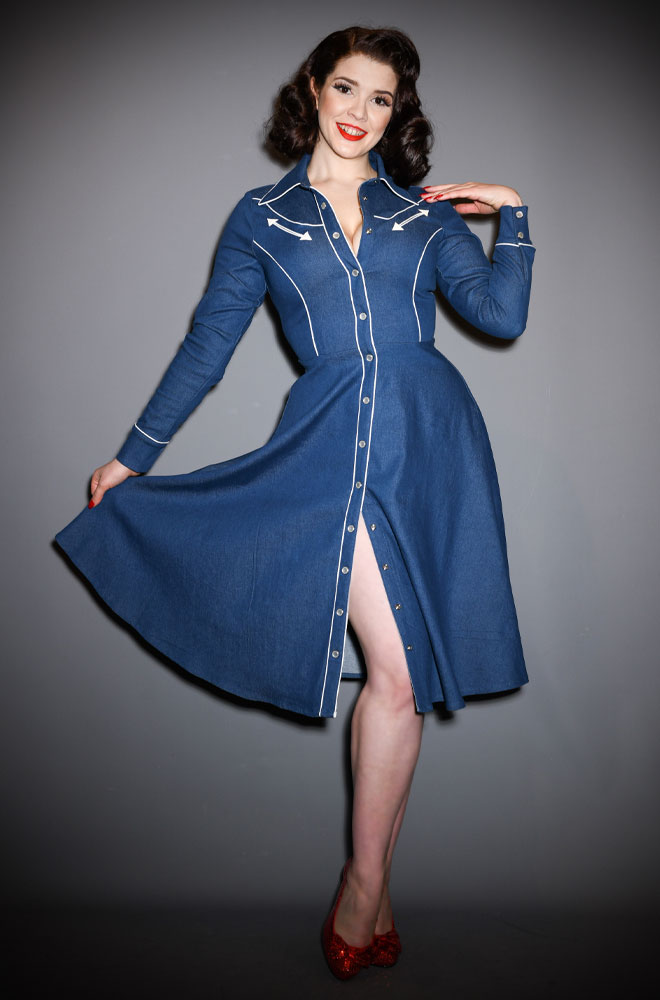 Western Denim Swing Dress with cowboy details and long sleeves. Deadly is the Female are official UK stockist of Unique Vintage.
