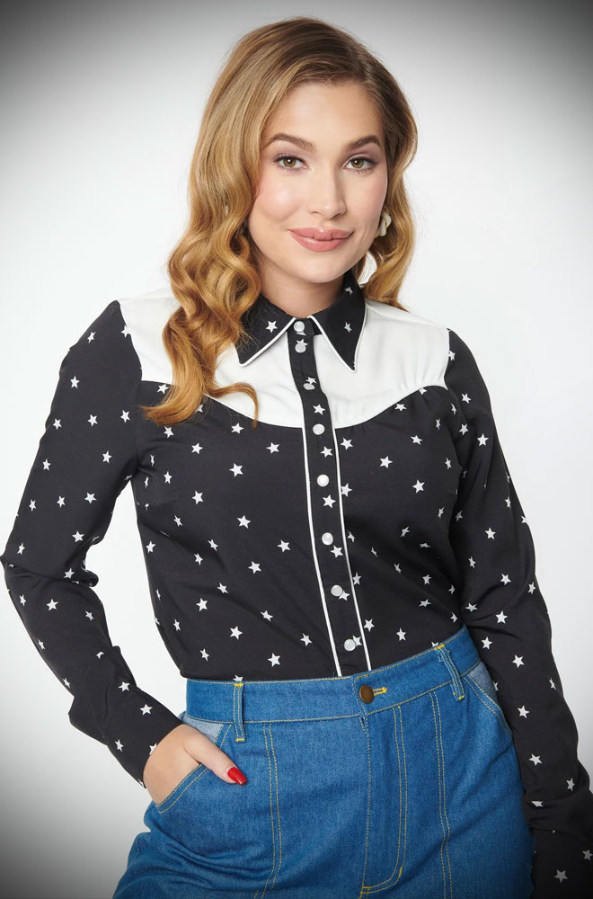 Star Western Shirt - the perfect blend of cool & fun, it would be fabulous for festivals. By Unique Vintage at UK stockists, Deadly