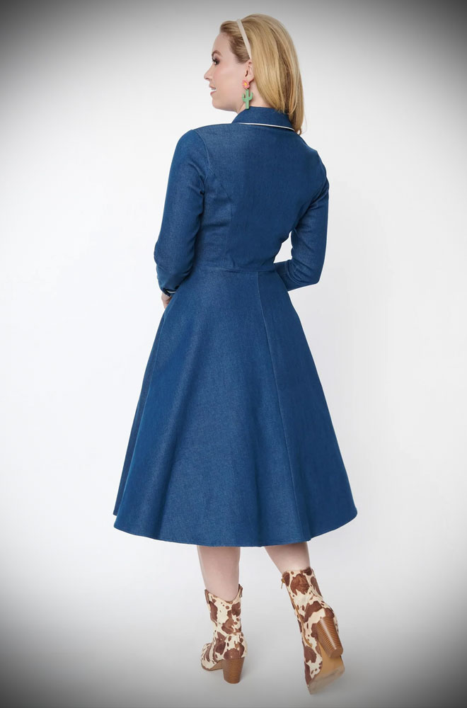 Western Denim Swing Dress with cowboy details and long sleeves. Deadly is the Female are official UK stockist of Unique Vintage.