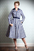 Freesia-Lee Water Repellent Swing Coat - a stunning 1950’s navy check coat with a detachable hood. Deadly are Miss Candyfloss UK stockists.