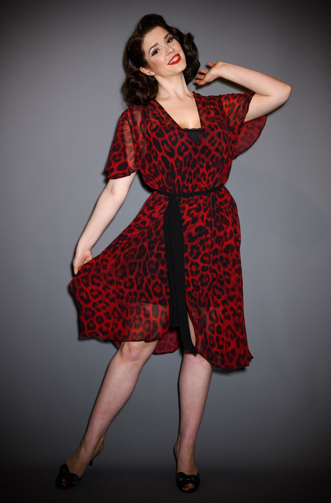 Red Leopard Flutter Sleeve Claudia Dress - a one Size fits most draped dress. A signature piece for the Alexandra King for Deadly is the Female Collection