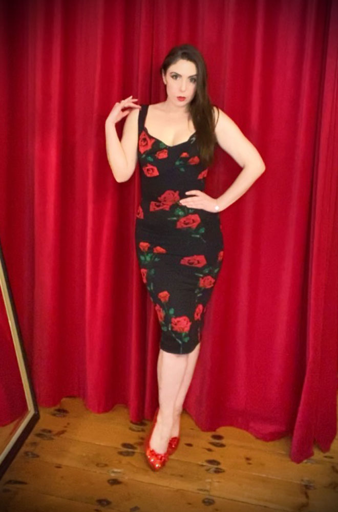 Bettie Rose Wiggle Dress. An iconic, vintage and Dolce & Gabbana inspired rose print dress. A signature piece for the Deadly is the Female Noire Collection.