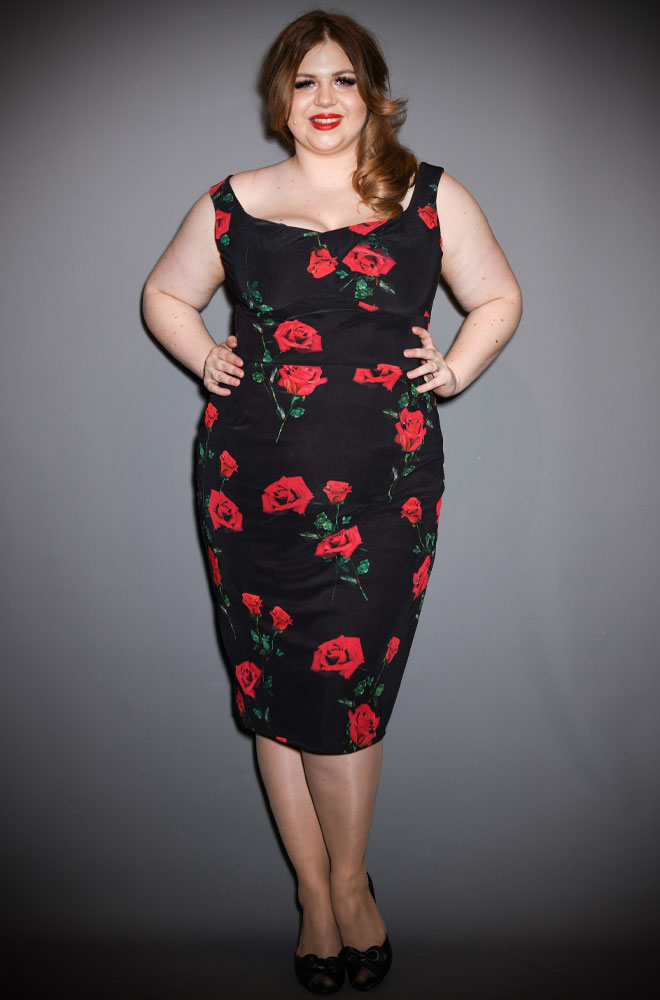 Bettie Rose Wiggle Dress. An iconic, vintage and Dolce & Gabbana inspired rose print dress. A signature piece for the Deadly is the Female Noire Collection.