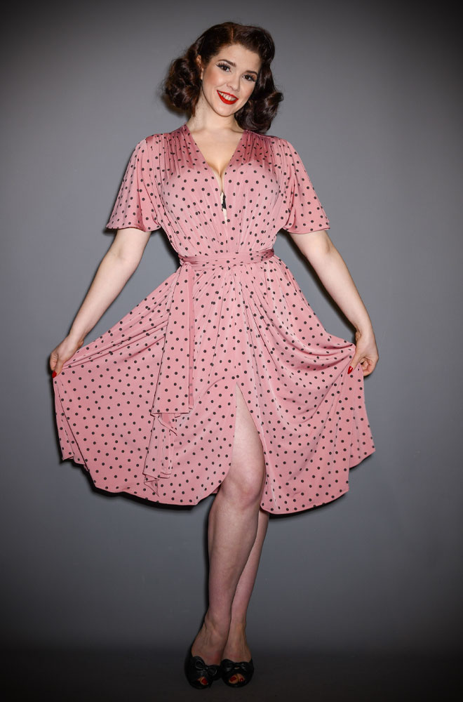 The Pink Polka Flutter Sleeve Claudia Dress - One Size fits most draped dress. A signature piece for the Alexandra King for Deadly is the Female Collection