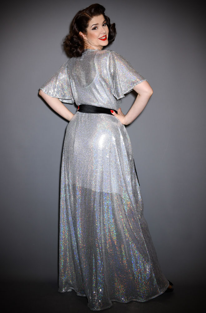 Iridescent Sequin Claudia Gown - an evening dress with a velvet sash waist & flutter sleeves. A signature piece by Alexandra King for Deadly is the Female.