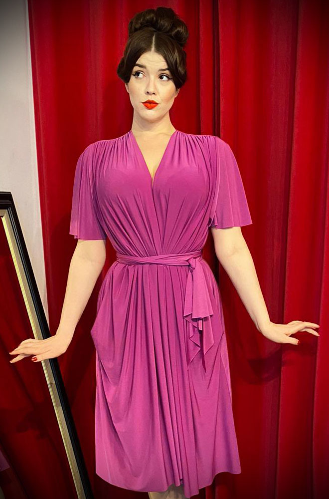 The Magenta Flutter Sleeve Claudia Dress - One Size fits most draped dress. A signature piece for the Alexandra King for Deadly is the Female Collection