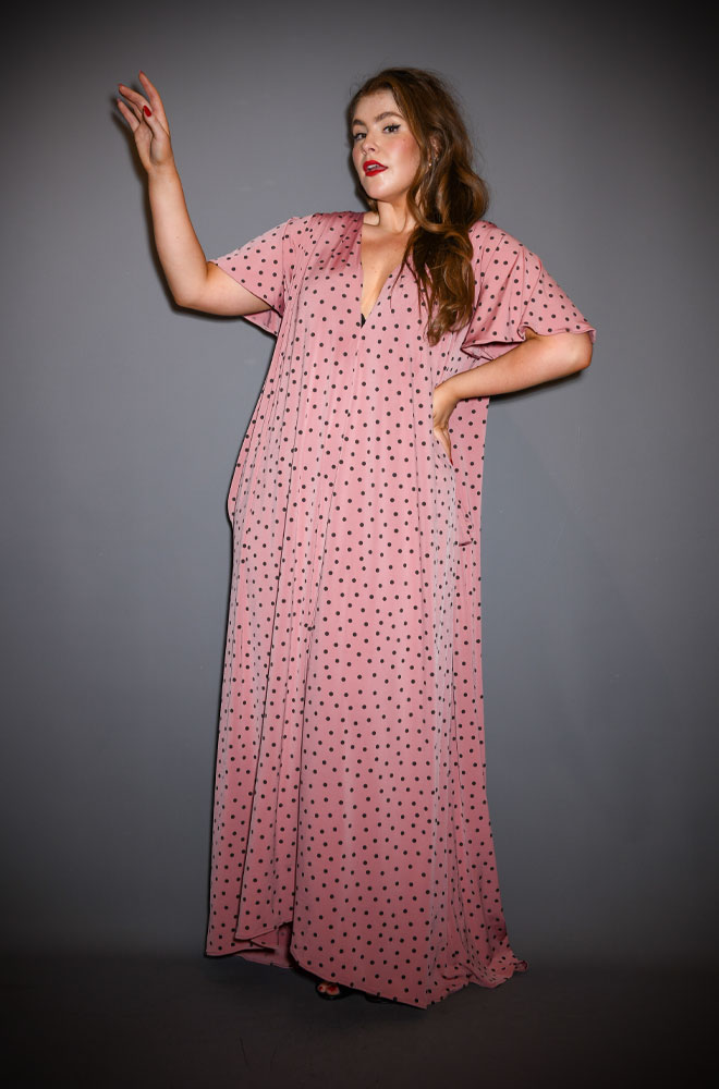 The Pink Polka Flutter Sleeve Claudia Gown - One Size fits most draped maxi dress. A signature piece for the Alexandra King for Deadly is the Female