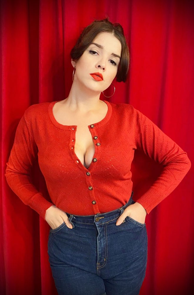 Sweet Cardigan - vintage-inspired red knitted cardie at Deadly is the Female. Chic & timeless fashion for pinup girls & vintage lovers.