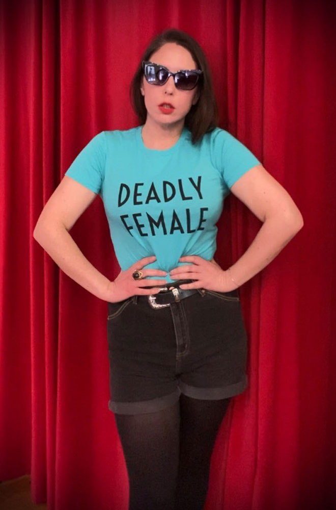 This sassy Blue Deadly Female T Shirt is perfect for everyday pinups. Exclusive to Deadly is the Female. Printed in the UK.