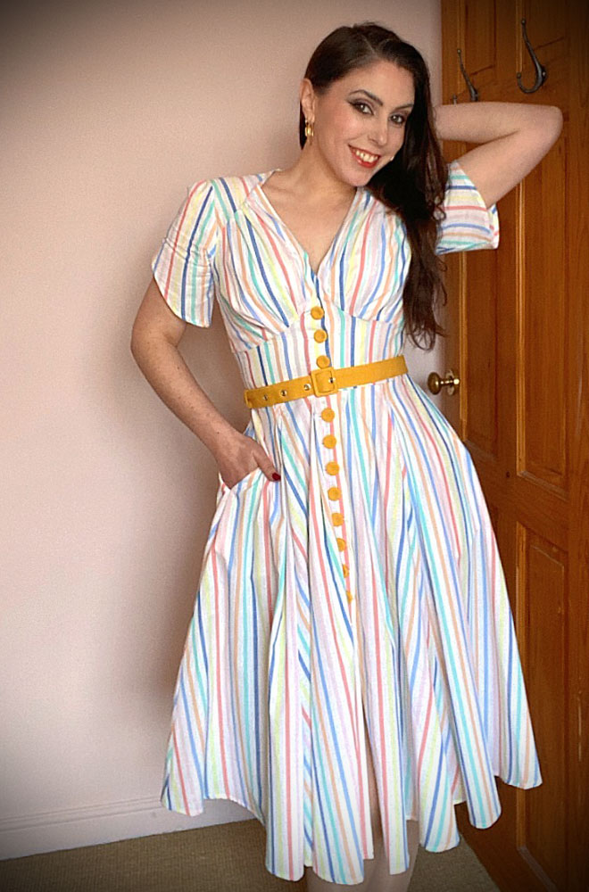 Estee Spring Swing Dress - striped 50s style summer dress with button details. Deadly is the Female are UK stockists of Miss Candyfloss.