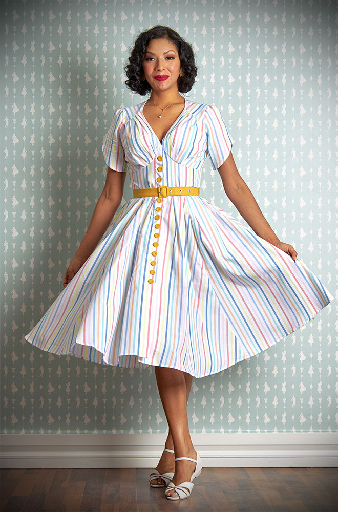Estee Spring Swing Dress - striped 50s style summer dress with button details. Deadly is the Female are UK stockists of Miss Candyfloss.