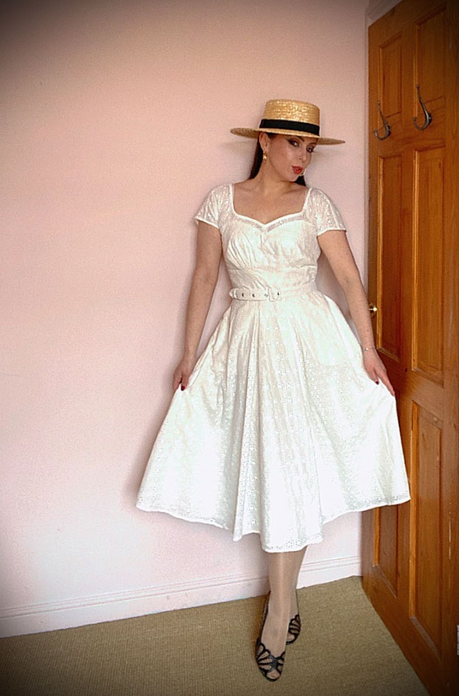 Honesta May Swing Dress - vintage style wedding or honeymoon dress in ivory broderie anglaise. Deadly is the Female are UK stockists of Miss Candyfloss.