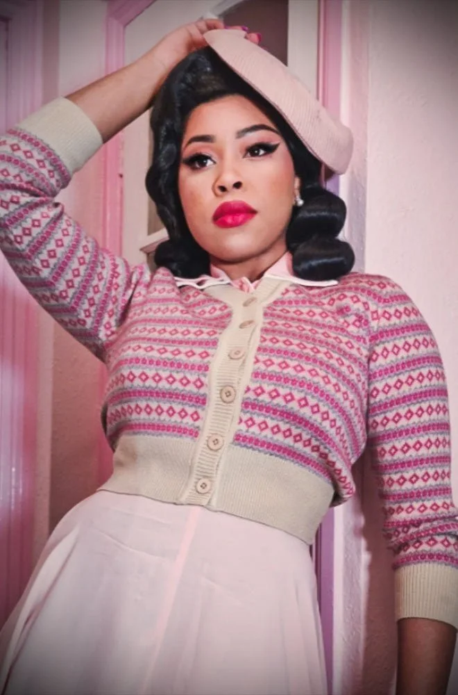 40s Fair Isle Cardigan- vintage-inspired pink and tan knitted cardie at Deadly is the Female. Chic & timeless fashion for pinup girls & vintage lovers.