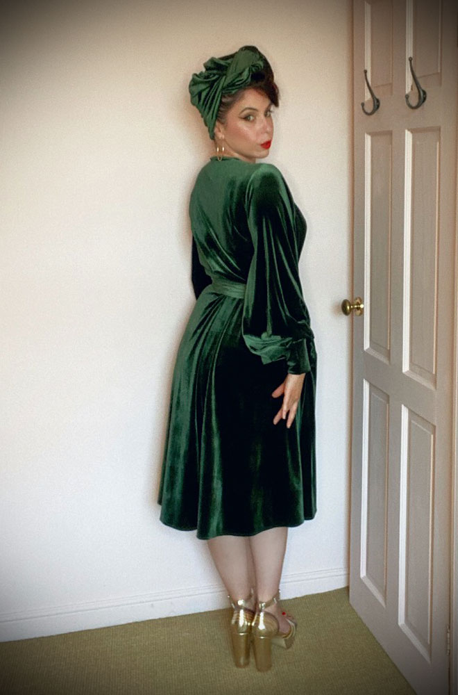 Ivy Green Velvet Claudia Dress - draped jersey evening dress with sash waist & bishop sleeves. A signature piece by Alexandra King for Deadly is the Female.