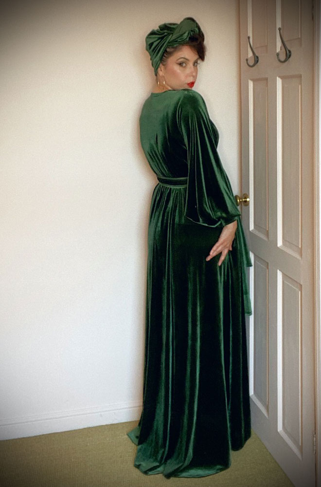 Ivy Green Velvet Claudia Gown - draped jersey evening dress with sash waist & bishop sleeves. A signature piece by Alexandra King for Deadly is the Female.