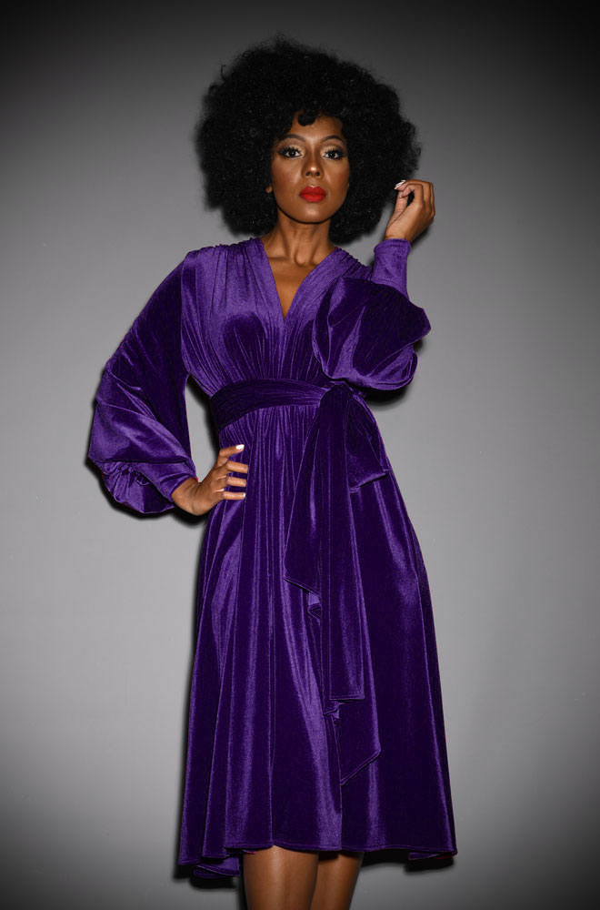 Purple Velvet Claudia Dress - draped velvet evening dress with sash & bishop sleeves. By Alexandra King for Deadly is the Female
