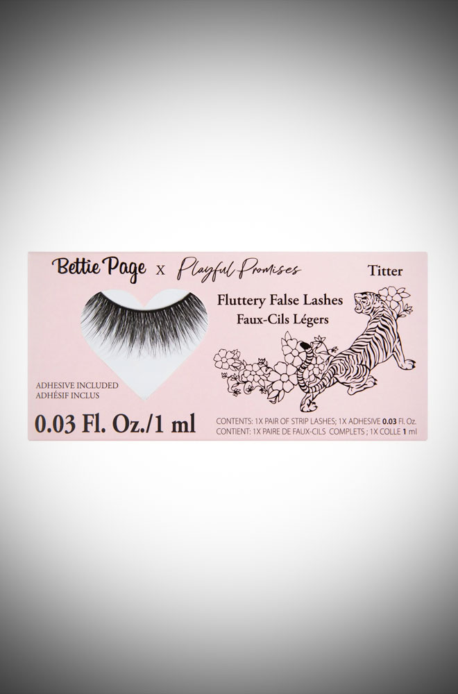 Titter Fluttery False Lashes by Bettie Page Beauty - luxe synthetic lashes. Vegan-friendly with a fine black cotton band. EU/FDA approved adhesive.