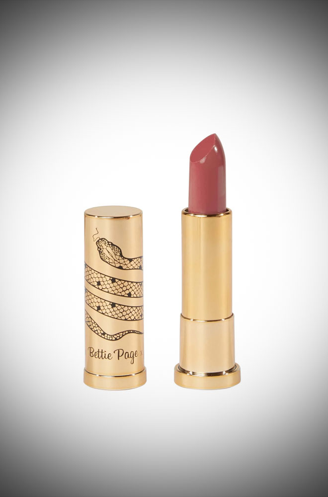 Terracotta Mae Satin Lipstick is a vintage-inspired, moisturising, high-pigmented lipstick by Bettie Page Beauty. Vegan and Cruelty-free.