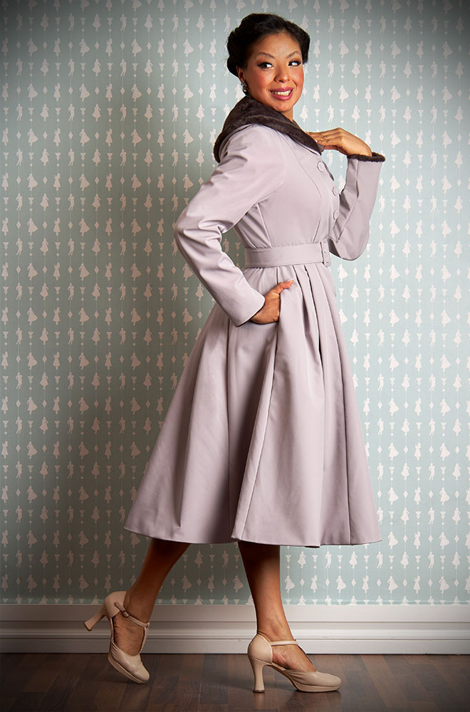 The Loree-Wisteria Water Repellent Swing Coat is a stunning 1950s-style coat with faux fur trim. Deadly is the Female are Miss Candyfloss UK stockists