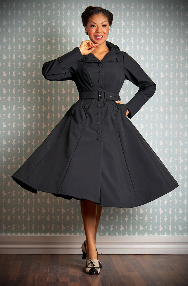The Panthea-Lou Water Repellent Swing Coat is a stunning 1950s trench coat in timeless black. Deadly is the Female are Miss Candyfloss UK stockists