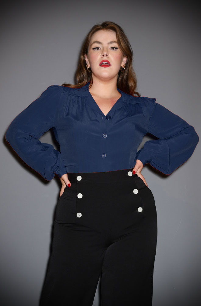 Navy Poppy Blouse - a '40s-inspired blouse at Deadly is the Female. Chic, casual and timeless fashion for pin-up girls and vintage lovers.