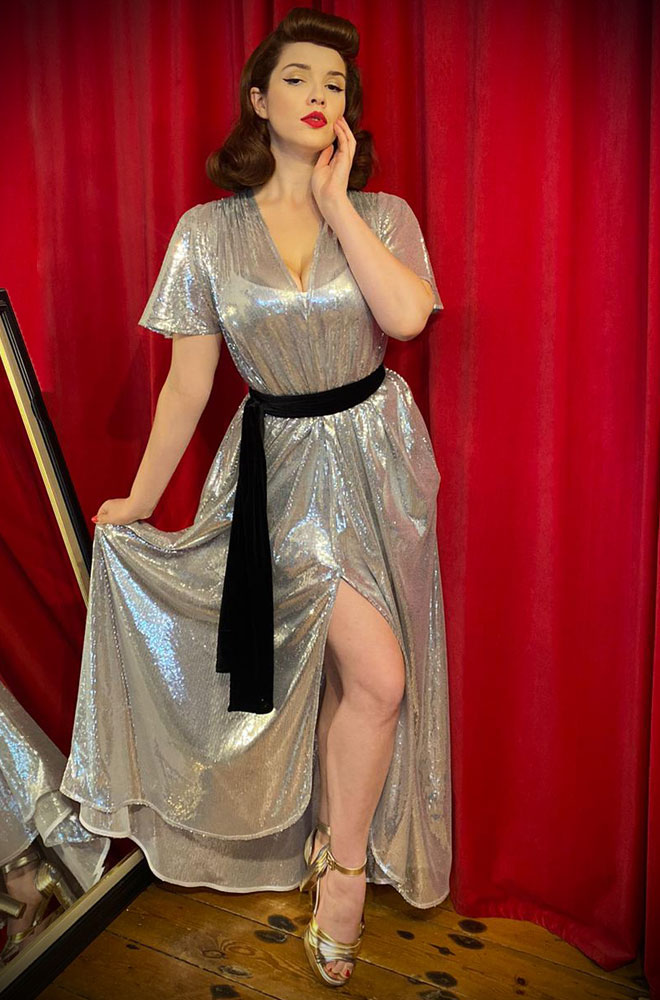 Silver Sequin Claudia Gown - a one size 40s Film Noir loungewear-inspired evening gown. The shimmer & movement really have to be seen to be believed