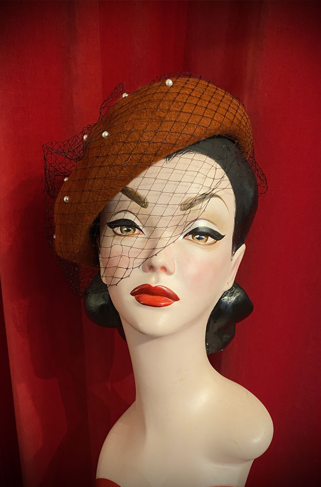 Pumpkin Pearl Veiled Beret - a wool-style beret with net & pearl details. Perfect for femme fatales & pinup girls. Vintage style glamour with no effort!