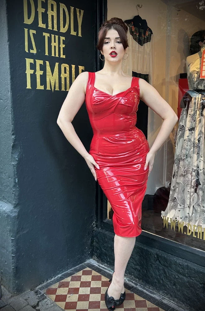 Red PVC Bettie Wiggle Dress - an iconic, vintage-inspired vegan, wet-look PVC wiggle dress. A signature piece for the Deadly is the Female Noire Collection.