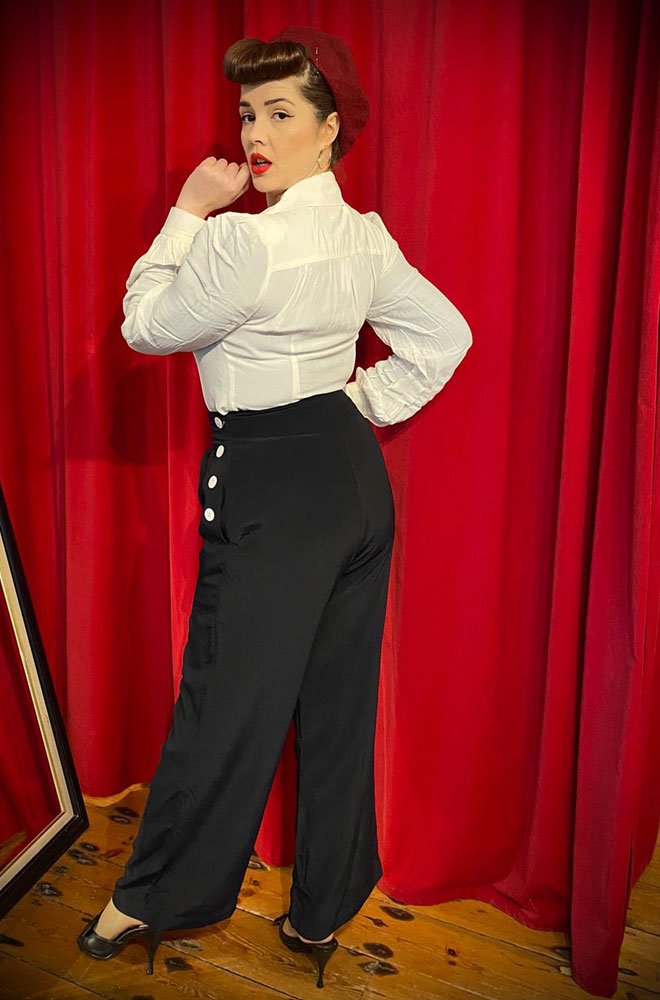 The Audrey trousers are fabulous black wide-leg trousers. These are the vintage-inspired trousers you have been searching for! 