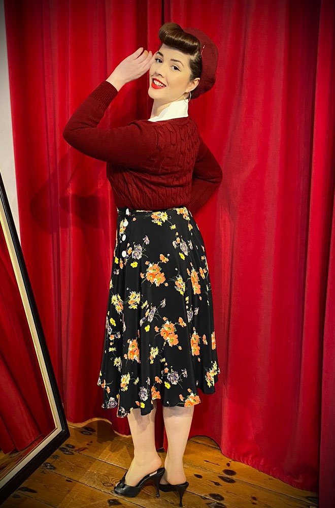 The Mayflower Isabelle Skirt swings out into a perfect circle when you dance! Cut in authentic  Crepe de Chine fabric, and printed with a romantic floral print, this skirt is so pretty.