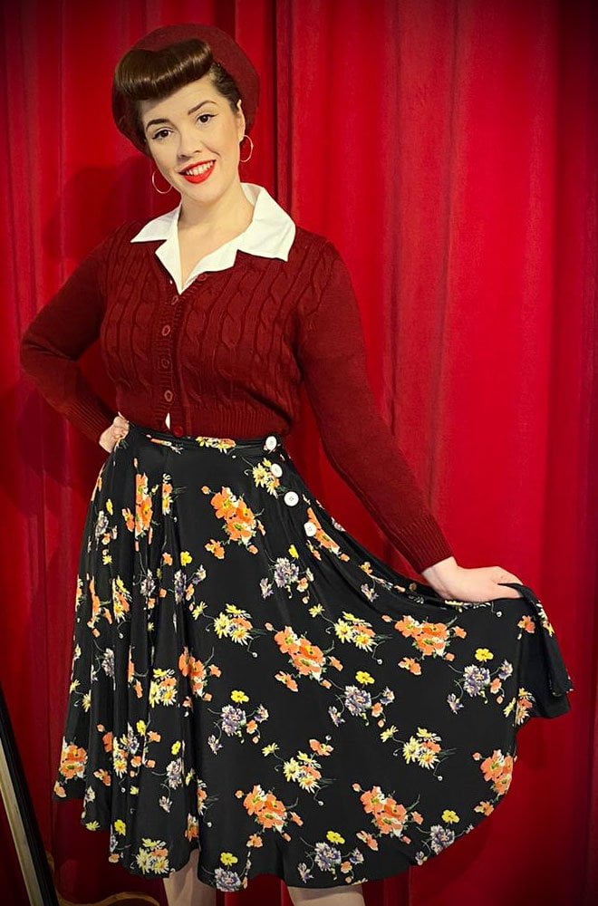 The Mayflower Isabelle Skirt swings out into a perfect circle when you dance! Cut in authentic  Crepe de Chine fabric, and printed with a romantic floral print, this skirt is so pretty.