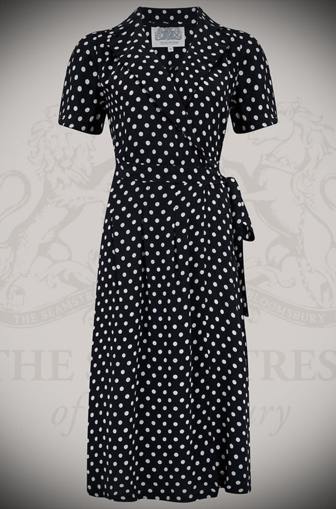 Peggy Wrap Dress - a classic black and white polka dot 40's dress