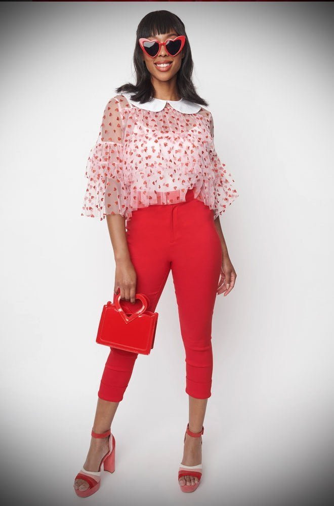 Heart Pocket Capris are cut in a red stretch blend that hugs your curves, while the high waist is nipped in. UK stockists of Unique Vintage.