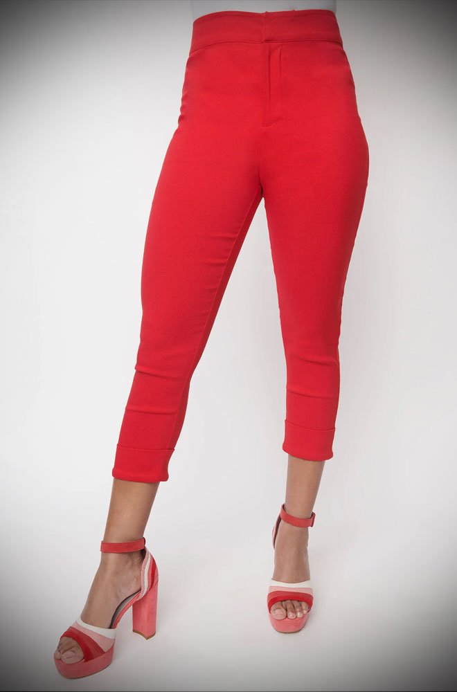 Heart Pocket Capris are cut in a red stretch blend that hugs your curves, while the high waist is nipped in. UK stockists of Unique Vintage.