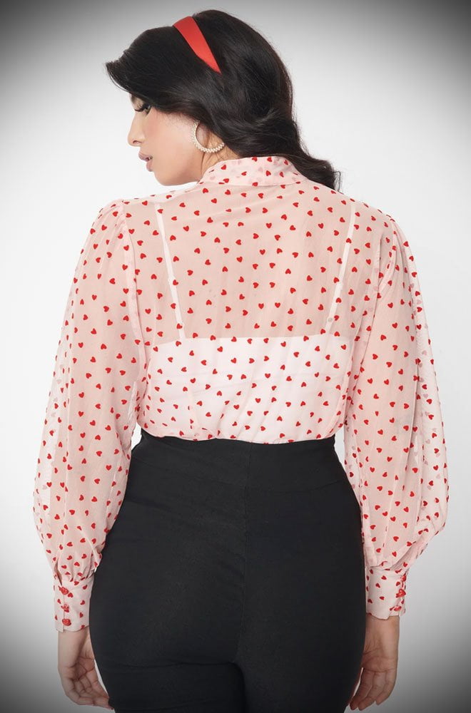 Red Hearts Gwen Blouse - a vintage-inspired pussy bow blouse by Unique Vintage at UK stockists, Deadly is the Female. Perfect for a vintage Valentines!