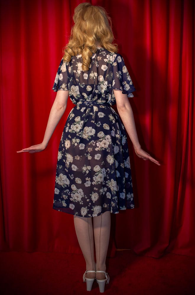 The Navy Rose Claudia Dress is a 40s style, one-size chiffon dress with sash waist. A signature piece by Alexandra King for Deadly is the Female.