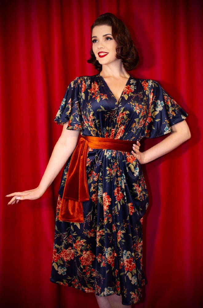 Floral Velvet Claudia Dress - a vintage-inspired evening dress with a sash waist. A signature piece by Alexandra King for Deadly is the Female.