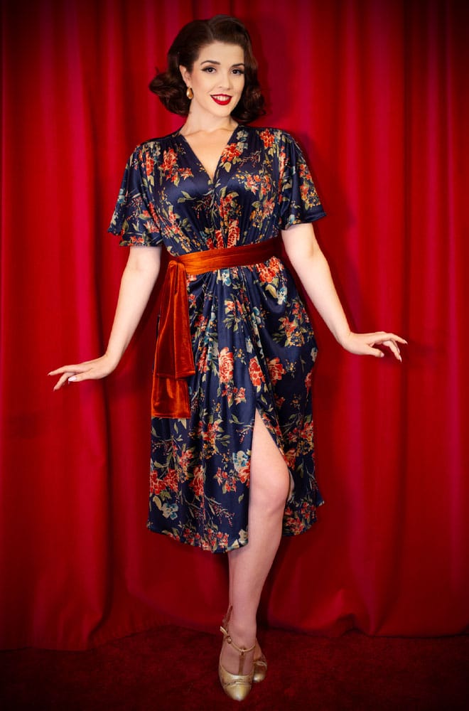 Floral Velvet Claudia Dress - a vintage-inspired evening dress with a sash waist. A signature piece by Alexandra King for Deadly is the Female.