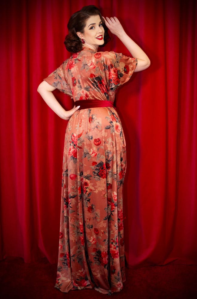 Autumn Rose Velvet Claudia Flutter Dress - a vintage-inspired evening dress with a sash waist. A signature piece by Alexandra King for Deadly is the Female.