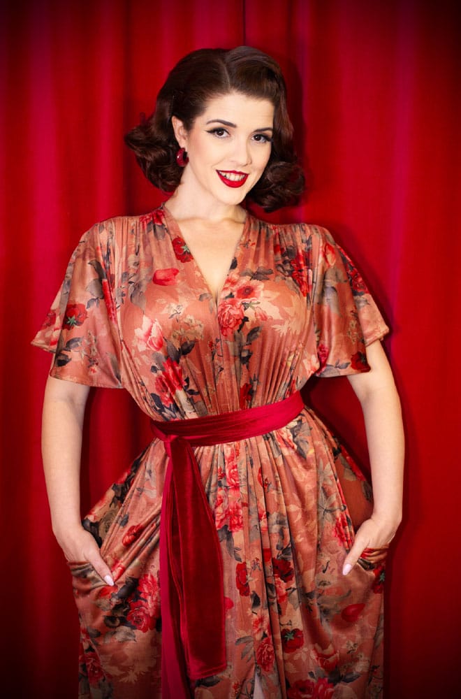 Autumn Rose Velvet Claudia Flutter Dress - a vintage-inspired evening dress with a sash waist. A signature piece by Alexandra King for Deadly is the Female.