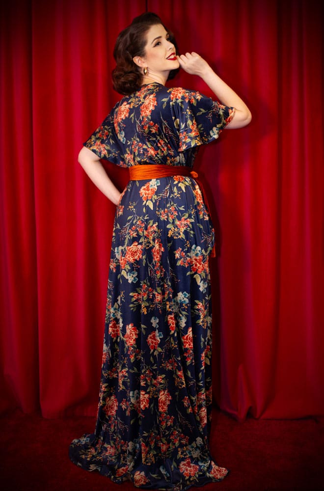 Floral Velvet Claudia Gown - a vintage-inspired evening dress with a sash waist. A signature piece by Alexandra King for Deadly is the Female.