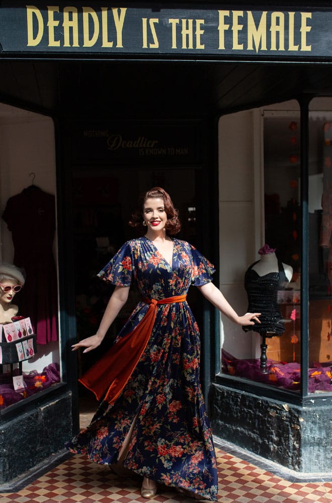 Floral Velvet Claudia Gown - a vintage-inspired evening dress with a sash waist. A signature piece by Alexandra King for Deadly is the Female.