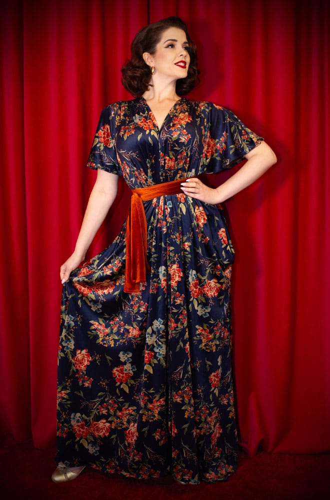 Floral Velvet Claudia Gown - a vintage-inspired evening dress with a sash waist. A signature piece by Alexandra King for Deadly is the Female.
