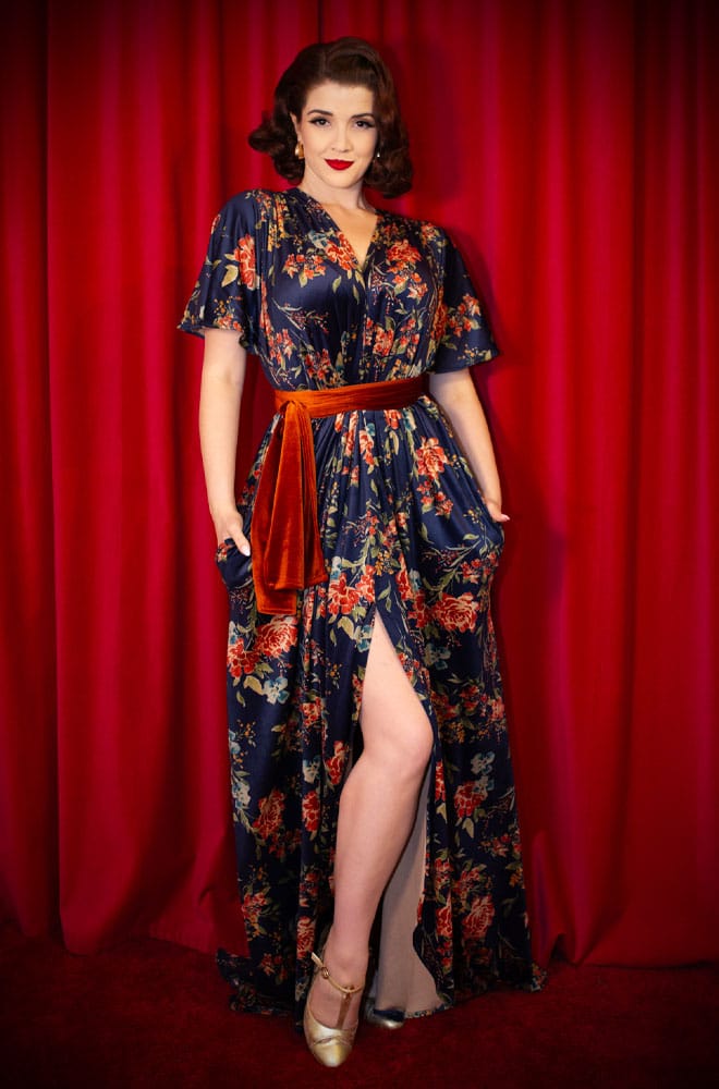 Floral Velvet Claudia Gown - a vintage-inspired evening dress with a sash waist. A signature piece by Alexandra King for Deadly is the Female.