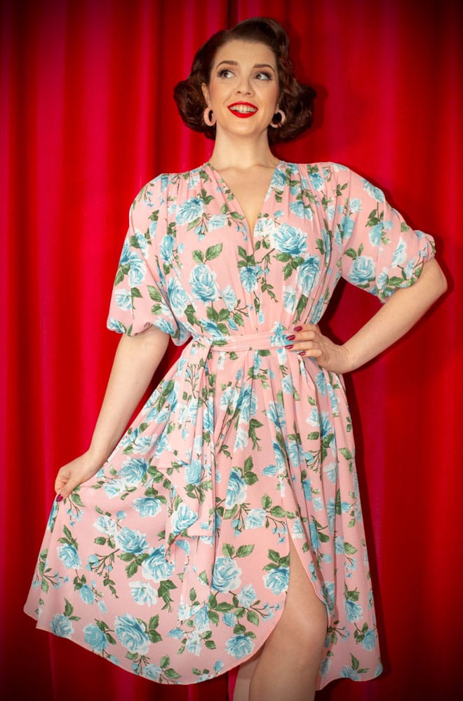 Pink Rose Claudia Dress - a 40s style, one-size crepe dress with sash waist & balloon sleeves. A signature piece by Alexandra King for Deadly is the Female